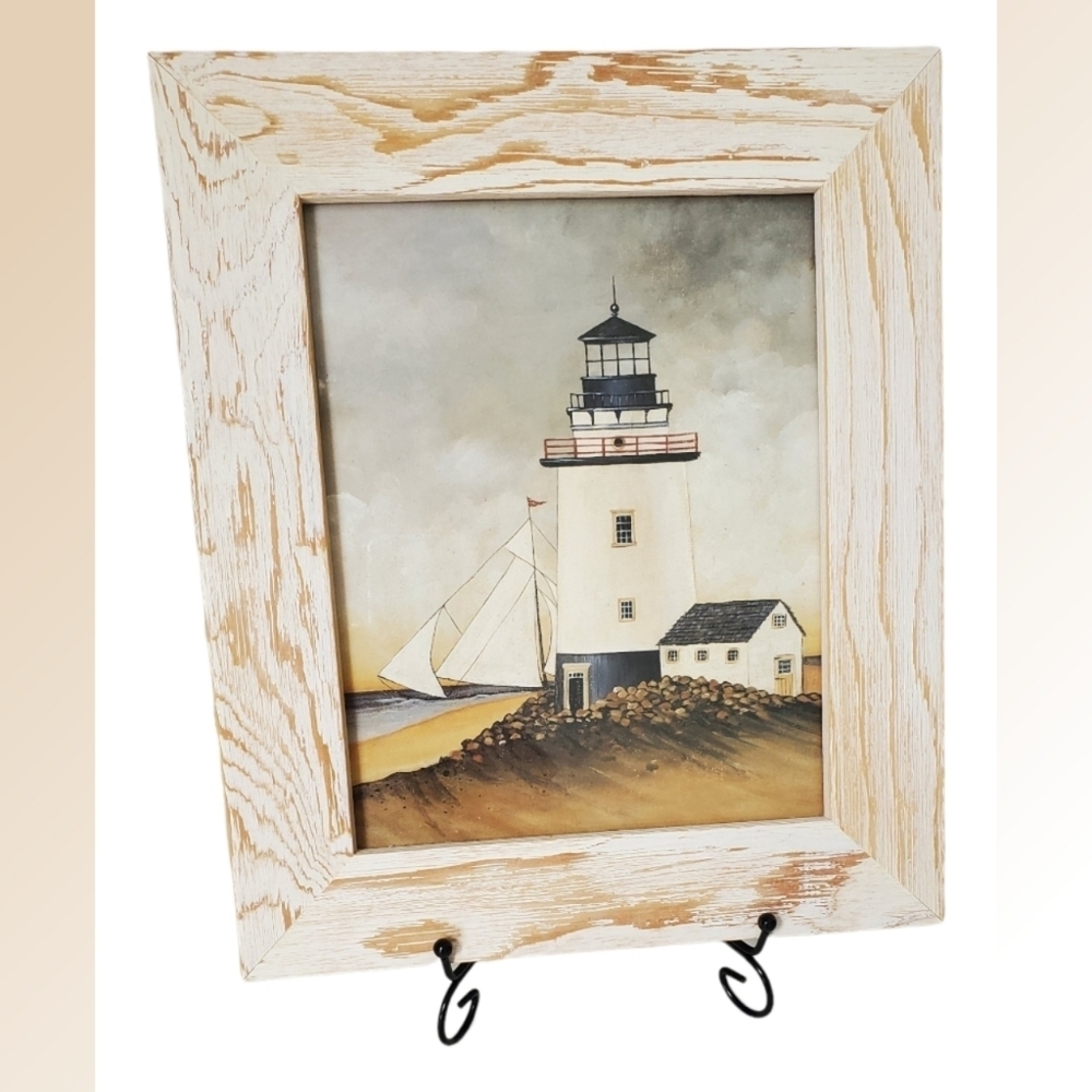 Vintage Lighthouse White Washed Framed Print Beach Ocean Nautical Themed